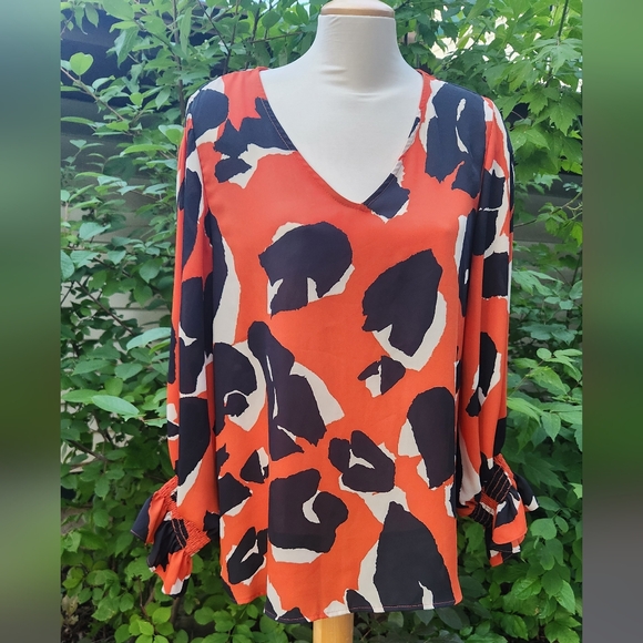 Joseph Ribkoff Size 12 Animal Print‎ Orange Long Sleeve Blouse, Cinched Sleeves - Picture 1 of 9